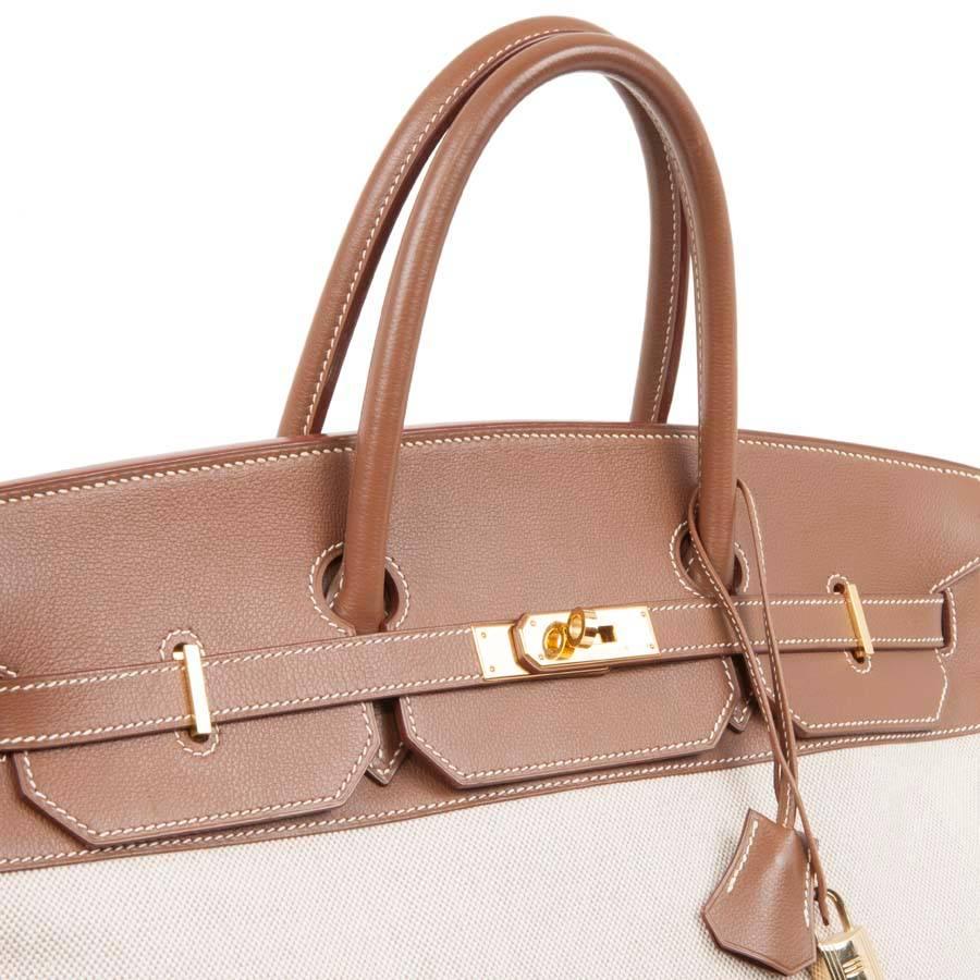 Women's or Men's HERMES 'Birkin' 40 Bag in Ecru Canvas and Gold Epsom Calf Leather