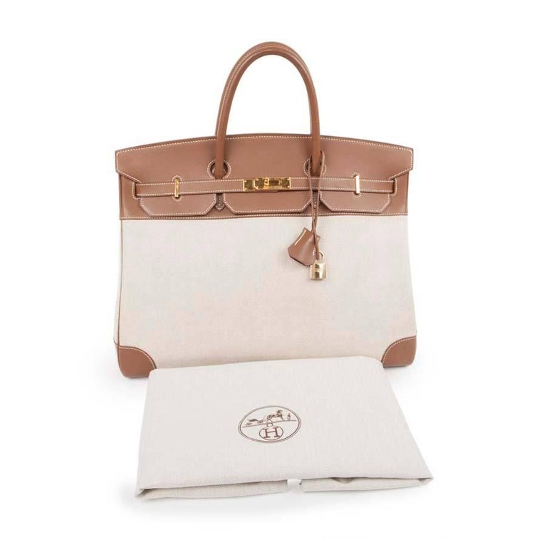 HERMES 'Birkin' 40 Bag in Ecru Canvas and Gold Epsom Calf Leather at ...