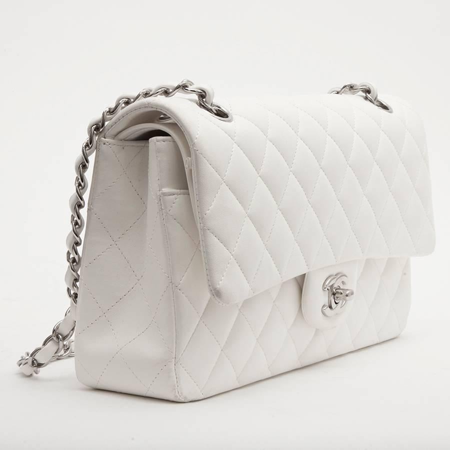 Gray CHANEL 'Timeless' Double Flap Bag in Quilted White Lamb Leather