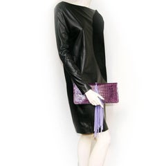 BALMAIN Clutch in Amethyst Colored Crocodile Porosus with Mauve Suede Fringes