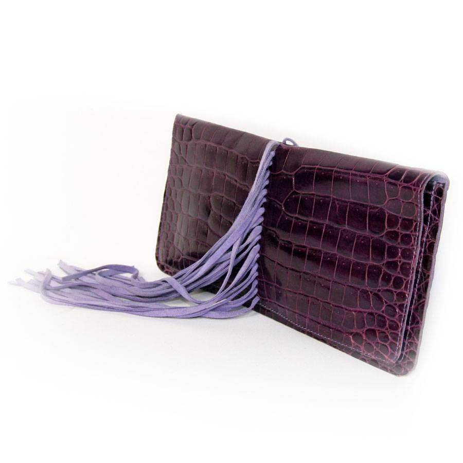 Gray BALMAIN Clutch in Amethyst Colored Crocodile Porosus with Mauve Suede Fringes