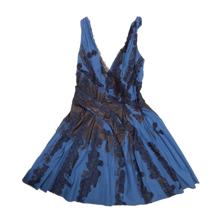 BOTTEGA VENETA Short Dress in Blue Cotton and Black Lace Size 34FR
