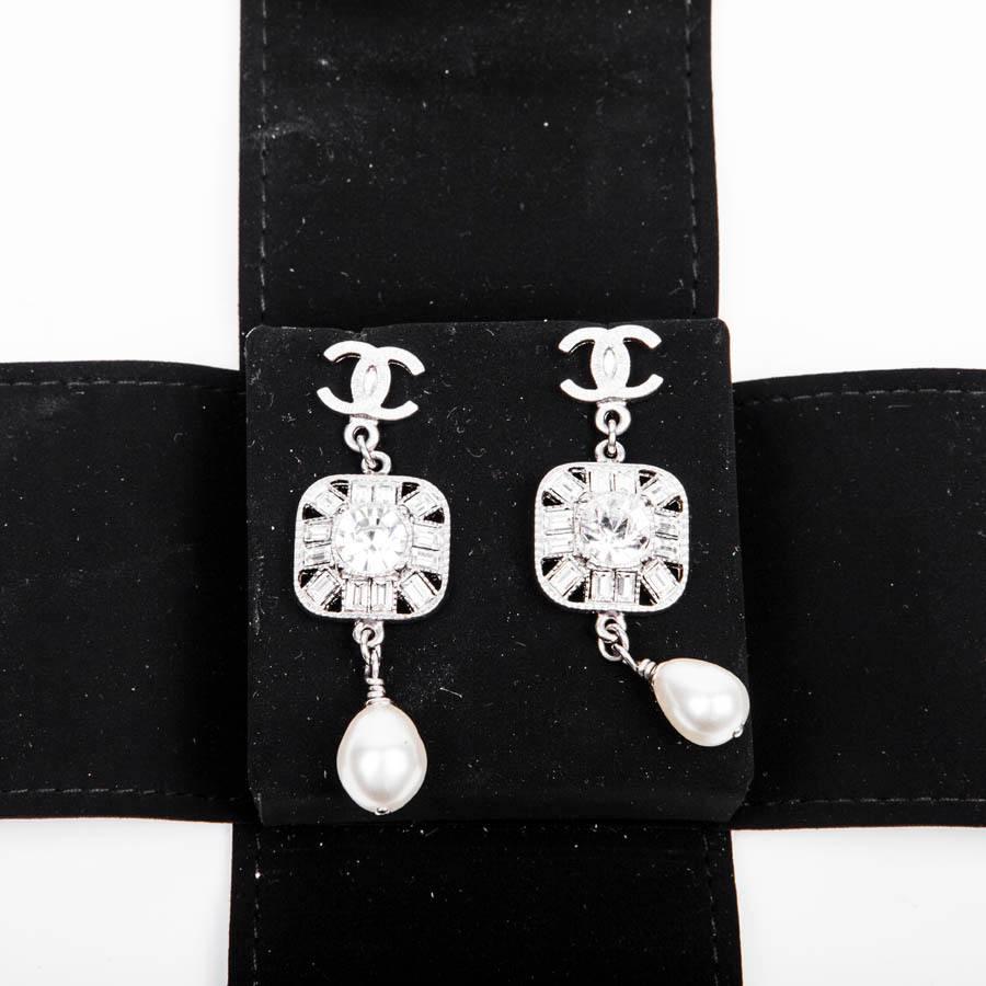 CHANEL Pendant Stud Earrings in Palladium Metal, Rhinestones, Pearls 1