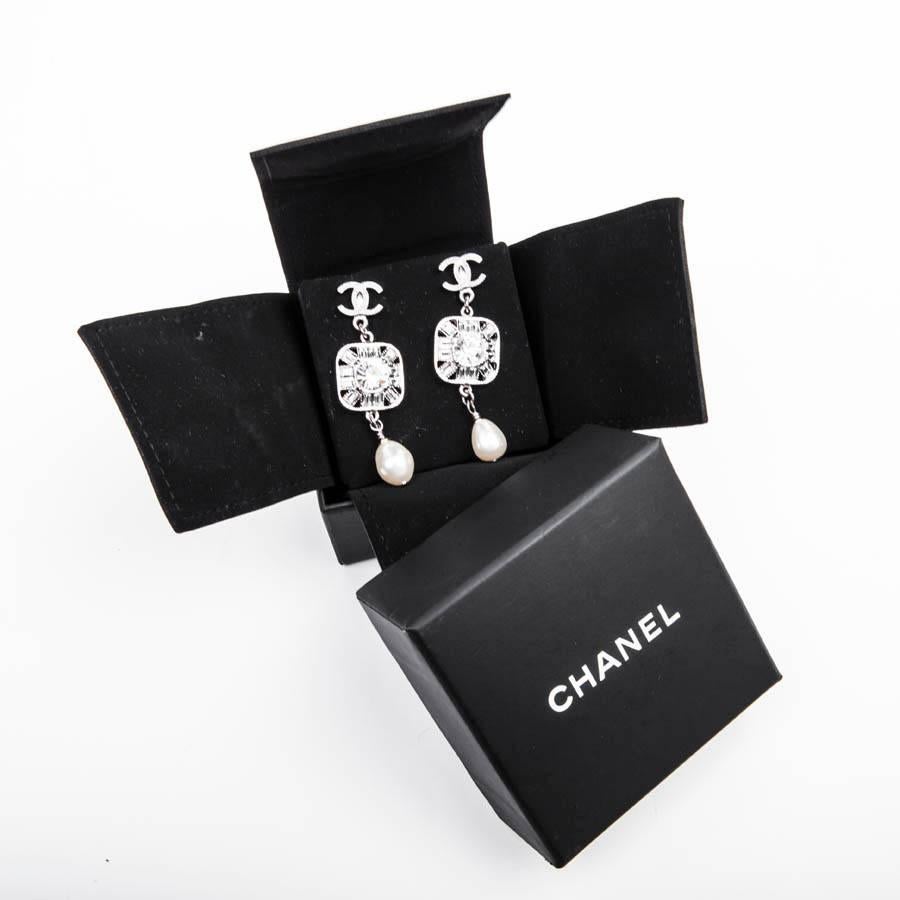 CHANEL Pendant Stud Earrings in Palladium Metal, Rhinestones, Pearls 2