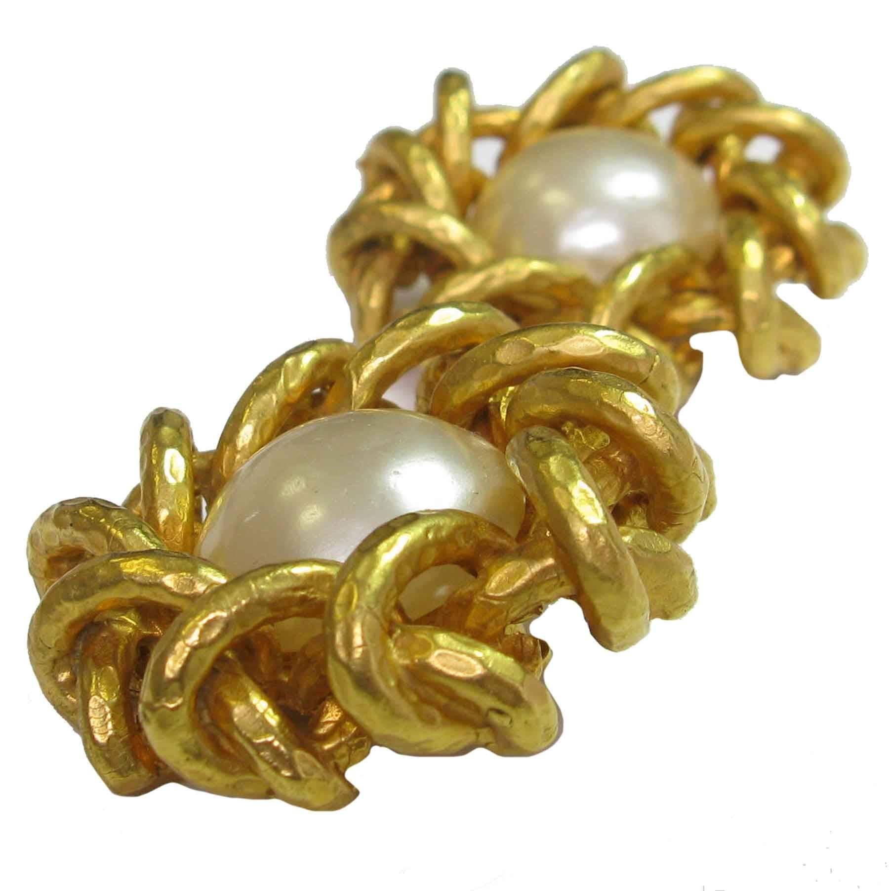 Women's CHANEL Clip-on Earrings in Hammered Gilded Metal and Pearly Bead