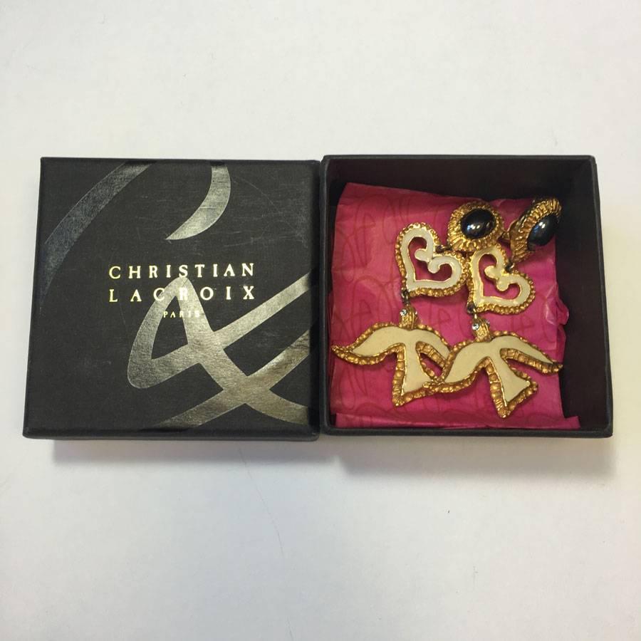 CHRISTIAN LACROIX Pendant Clip-on Earrings in Gilded Metal, Rhinestone, Resin 2