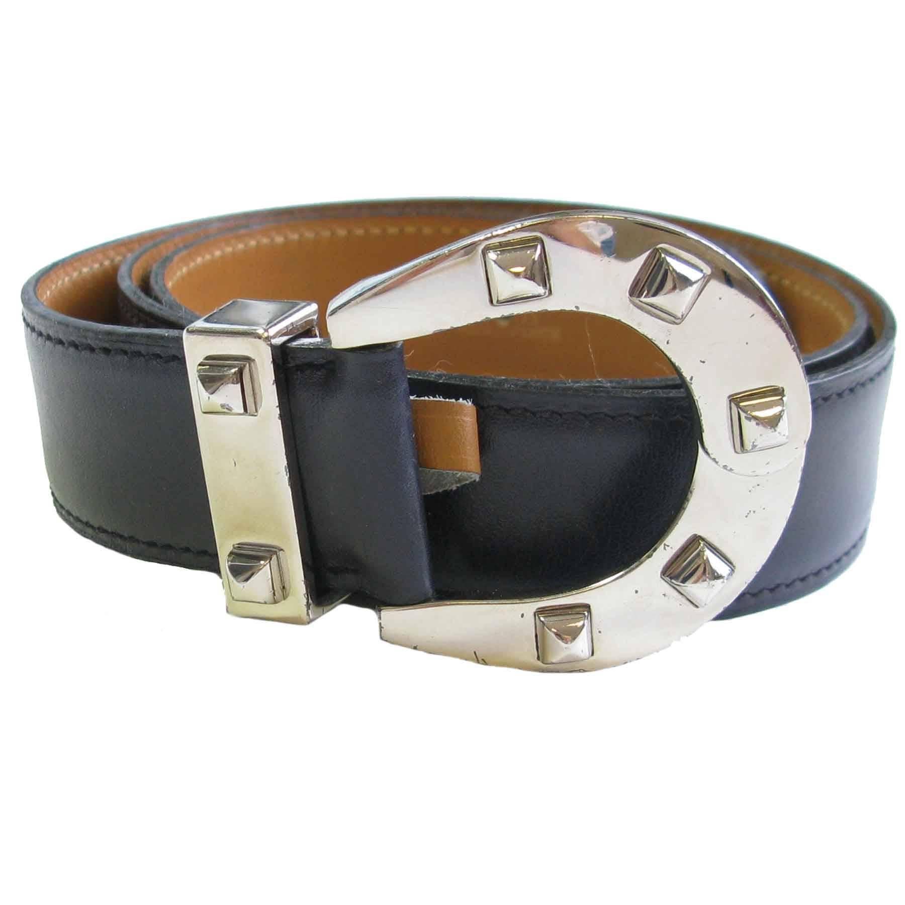 HERMES Navy Blue Leather Belt with Horseshoe Buckle Size 72 FR