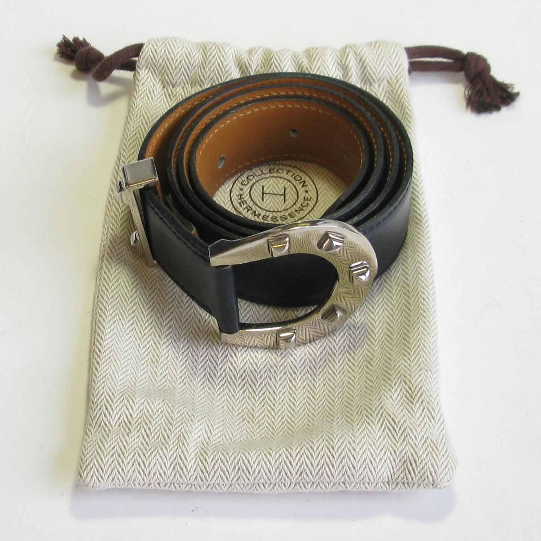 HERMES Navy Blue Leather Belt with Horseshoe Buckle Size 72 FR at ...