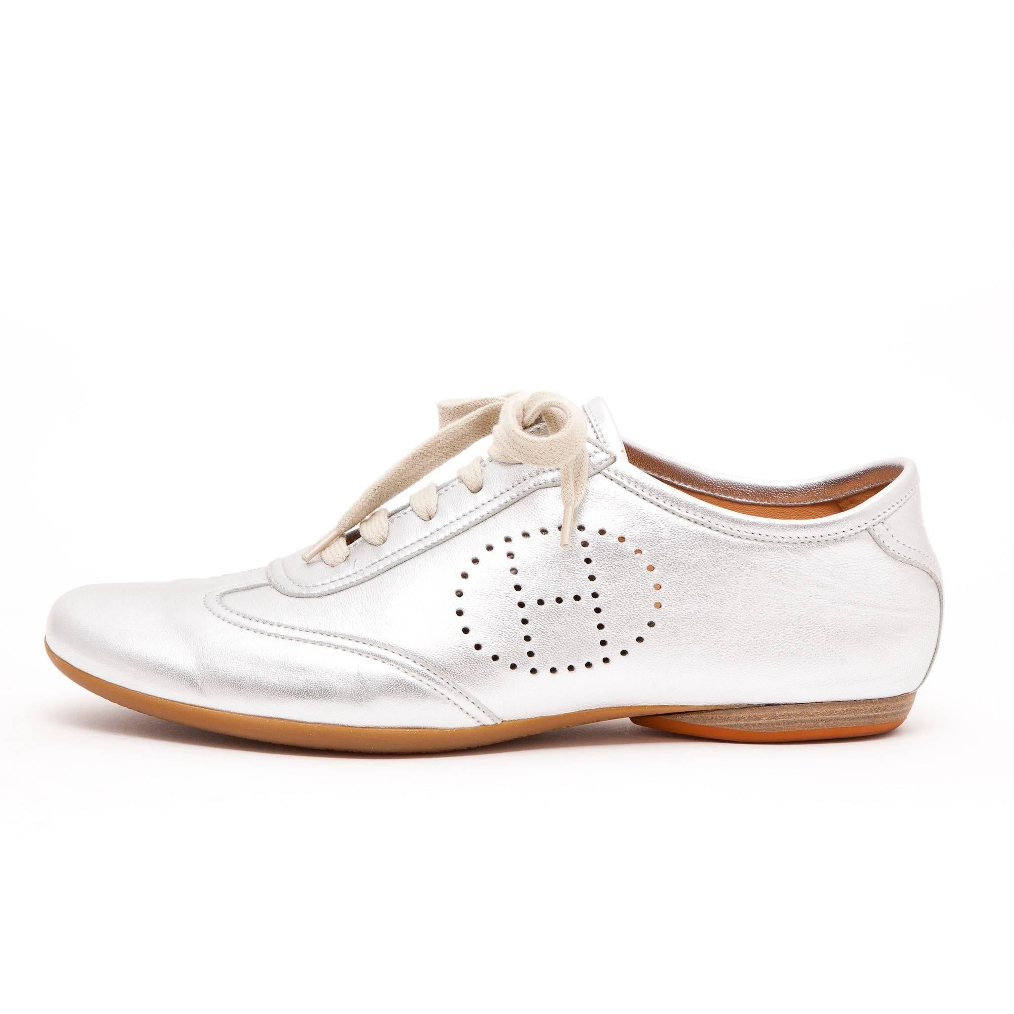 Beige HERMES Sneakers in Silver Color Leather Size 40FR