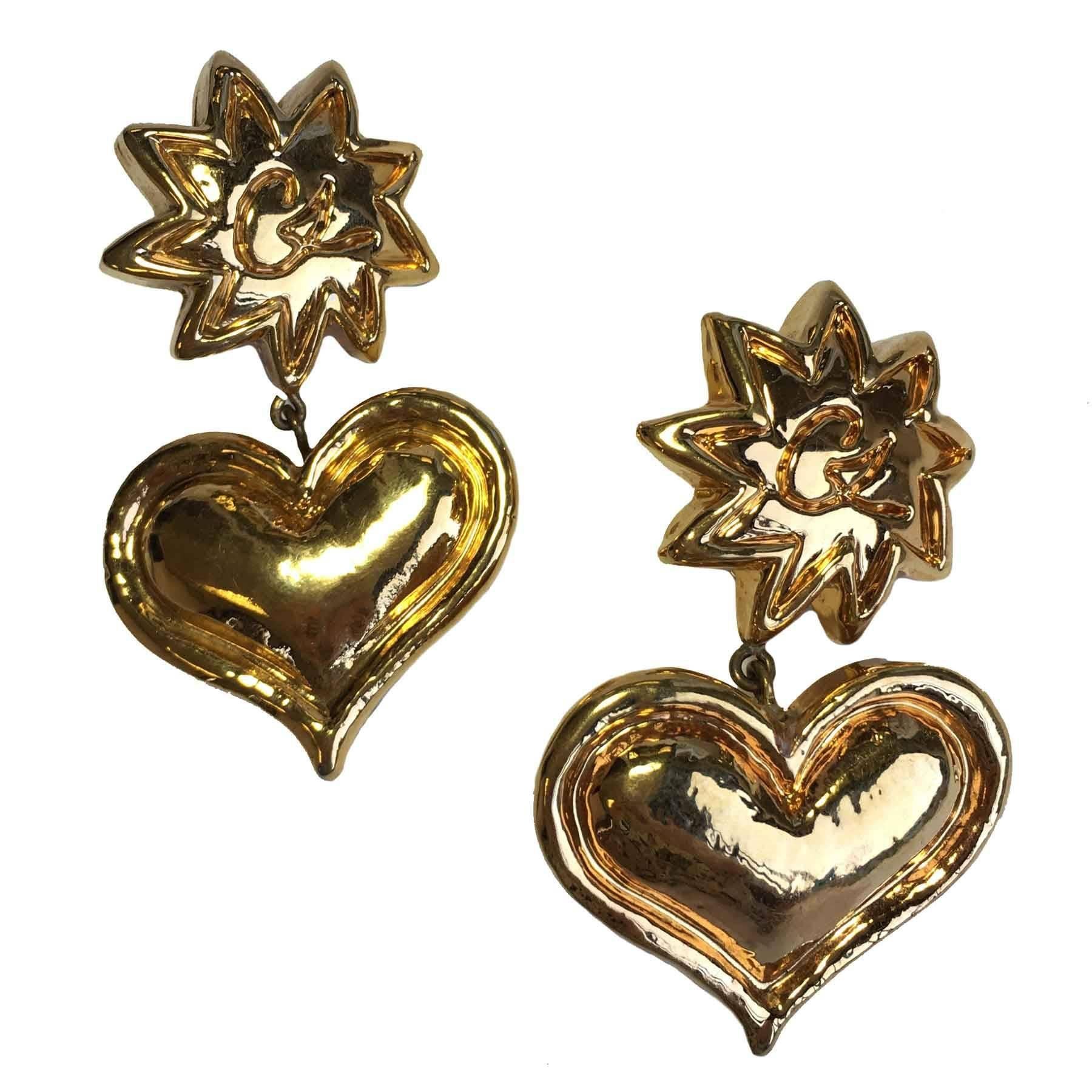 Vintage CHRISTIAN LCROIX Heart Pendant Clip-on Earrings in Gilt Metal