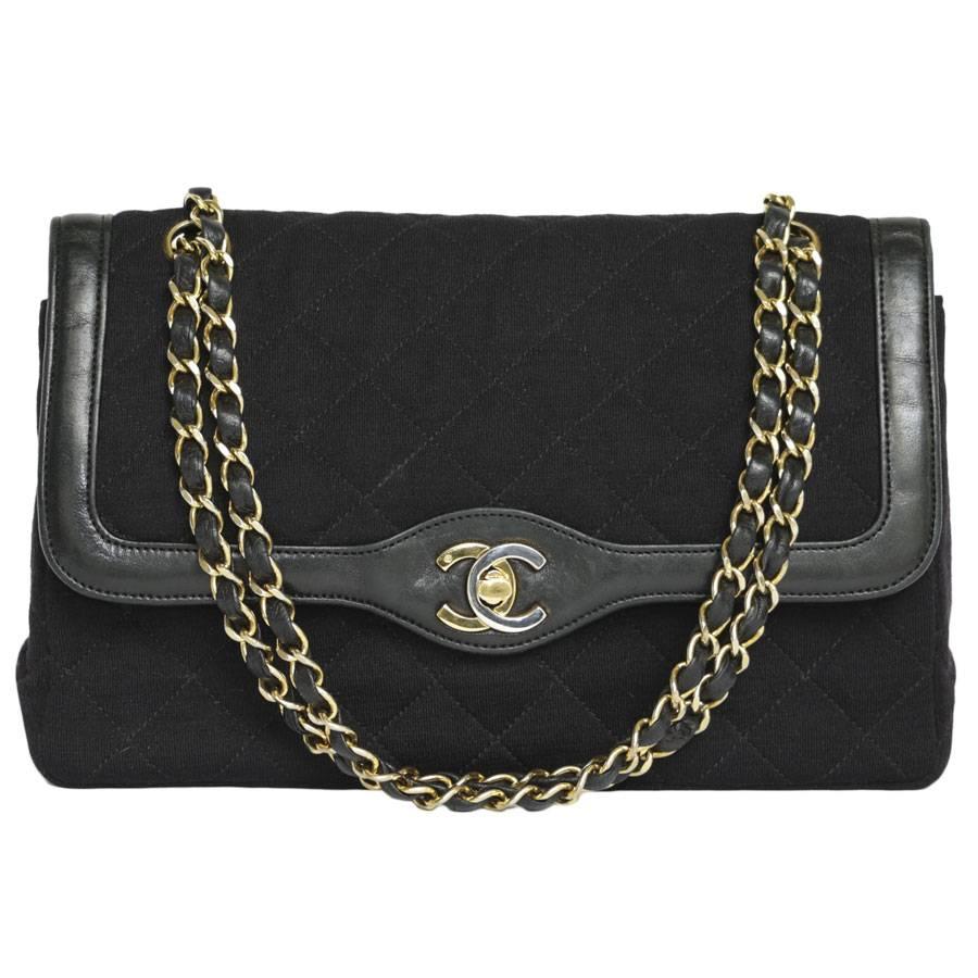 Vintage CHANEL 'Timeless' Double Flap Bag in Black Leather and Jersey