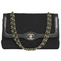 Retro CHANEL 'Timeless' Double Flap Bag in Black Leather and Jersey