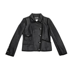 CHANEL 'Paris Los Angeles' Jacket in Asymmetrical Black Shiny Cotton Size 38FR