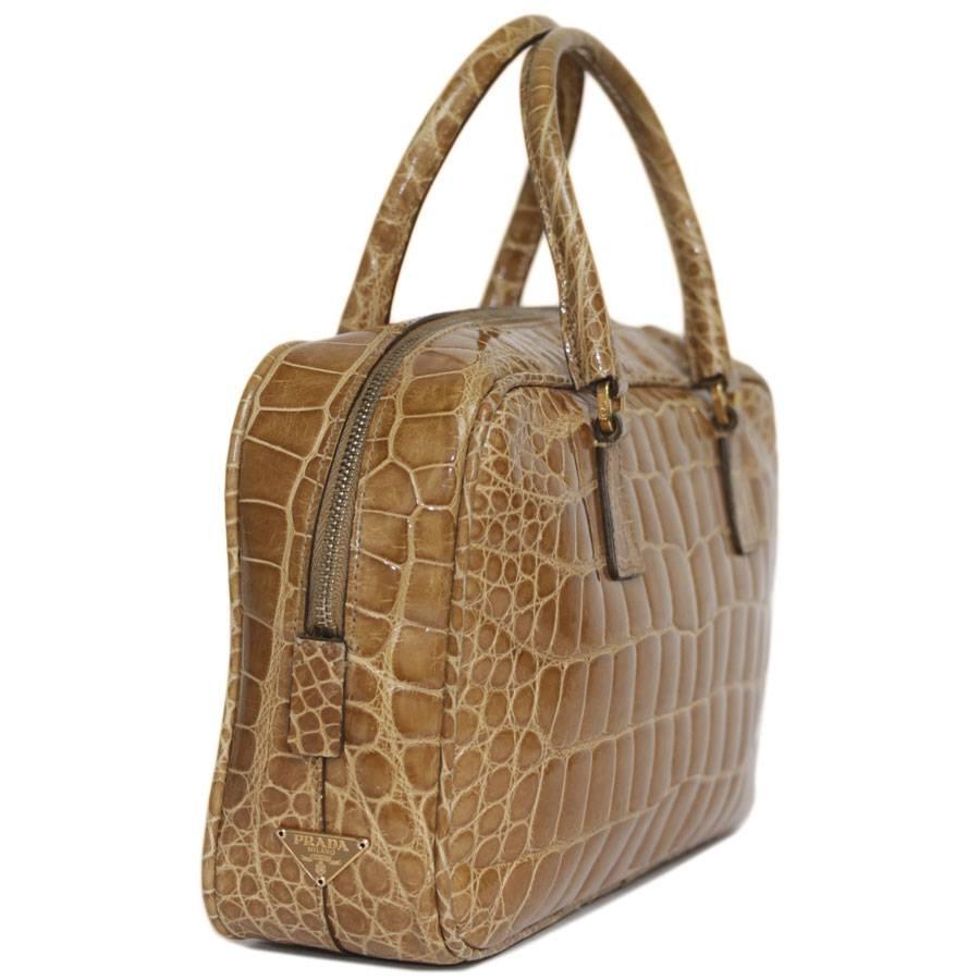 Brown PRADA Mini Plume Handbag in Blond Alligator Leather