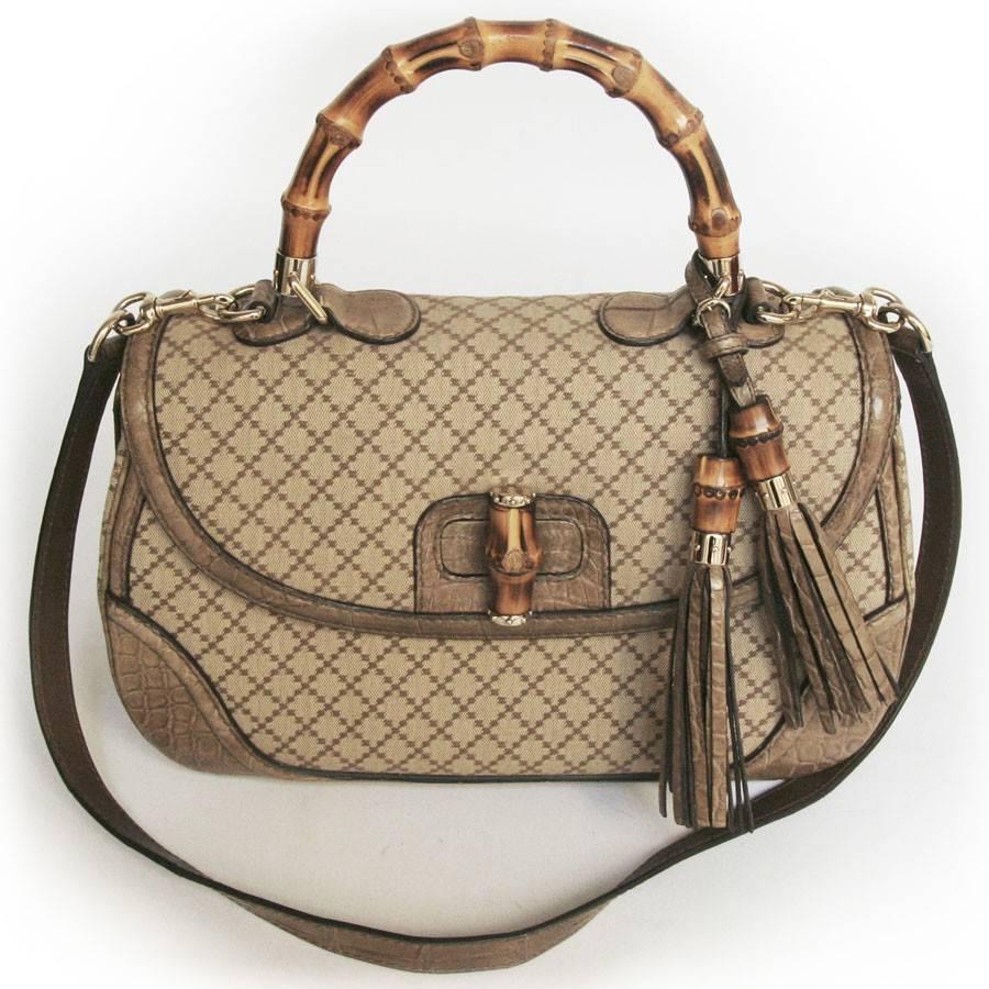 GUCCI 'Bamboo'Bag in Embroidered Beige and Brown Canvas and Beige Crocodile 1
