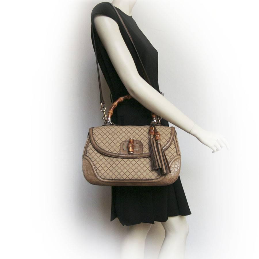 GUCCI 'Bamboo'Bag in Embroidered Beige and Brown Canvas and Beige Crocodile 2
