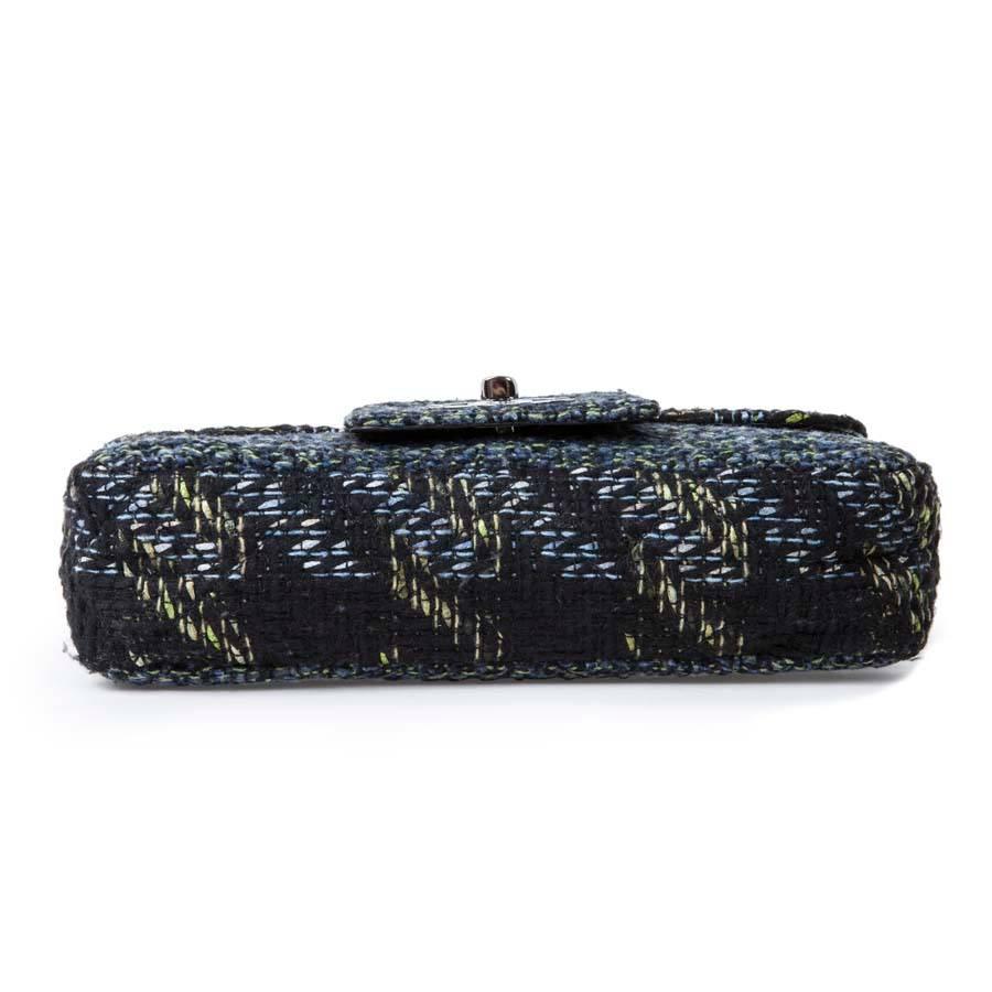 Women's CHANEL Flap Bag in Black and Blue Green Tweed with Shiny Threads