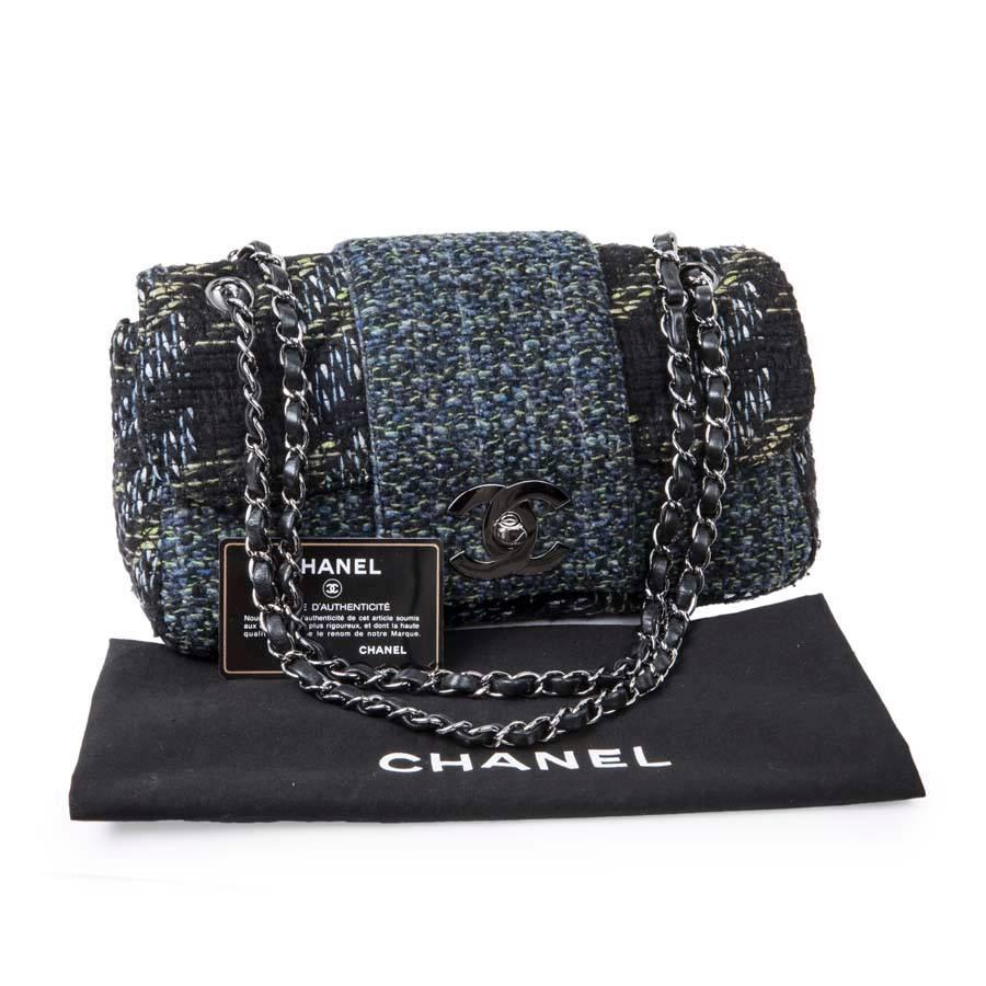 CHANEL Flap Bag in Black and Blue Green Tweed with Shiny Threads 6