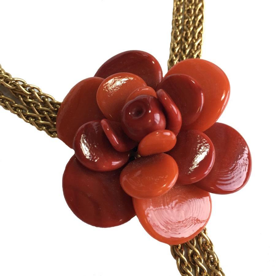 Women's CHANEL Necklace in Gilded Metal and Camellia Pendant in Orange Molten Glass