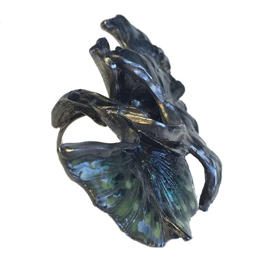 CHANEL Gingko Leaves Ring in Ruthenium Metal and Green Enamel Size 52FR 3