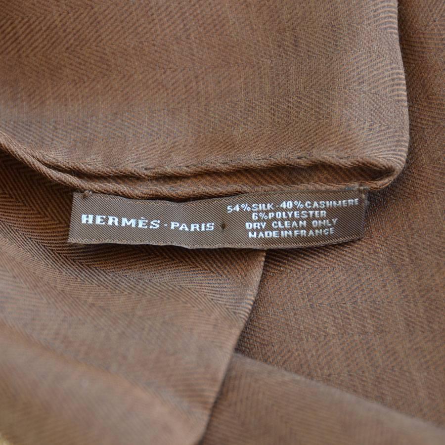 Women's or Men's HERMES Brown, Gold with Silver Threads Stole in Silk and Cashmere