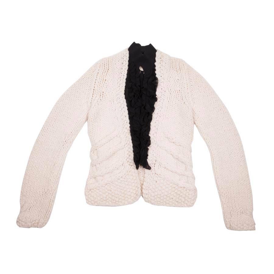 CHANEL Knitted Waistcoat in Unbleached Wool with a Black front Plastron Size 36