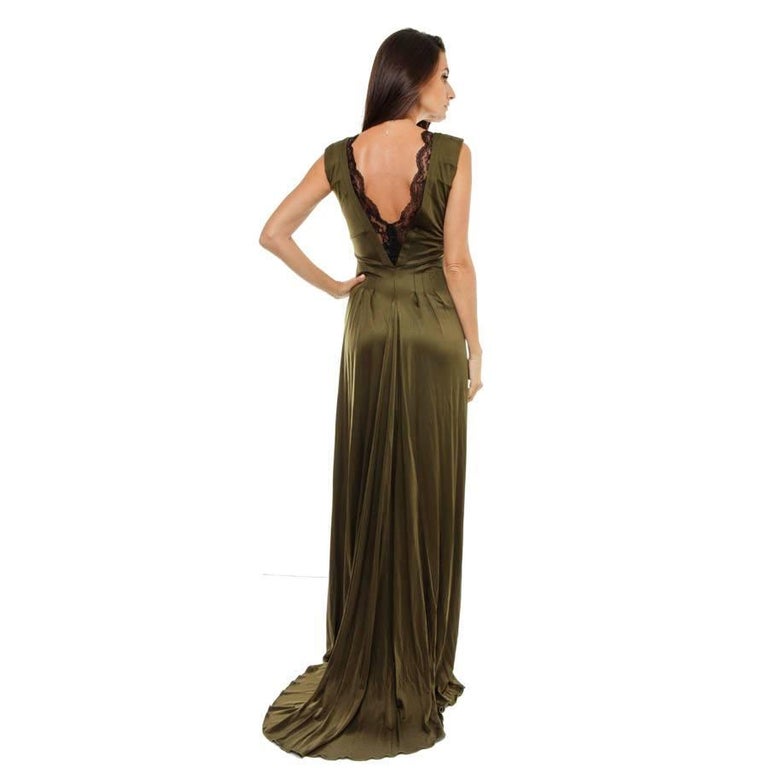CHRISTIAN LACROIX Evening Gown in Khaki Green Satin Viscose Size 40FR ...