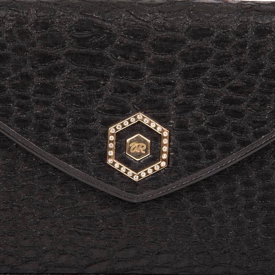 Vintage REVILLON Evening Bag in Black Silk with Crocodile Pattern 1