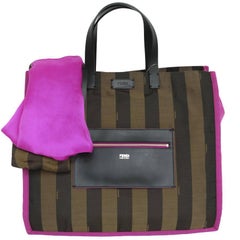 FENDI Handbag in Canvas with Brown Stripes and a Matching Silk Scarf