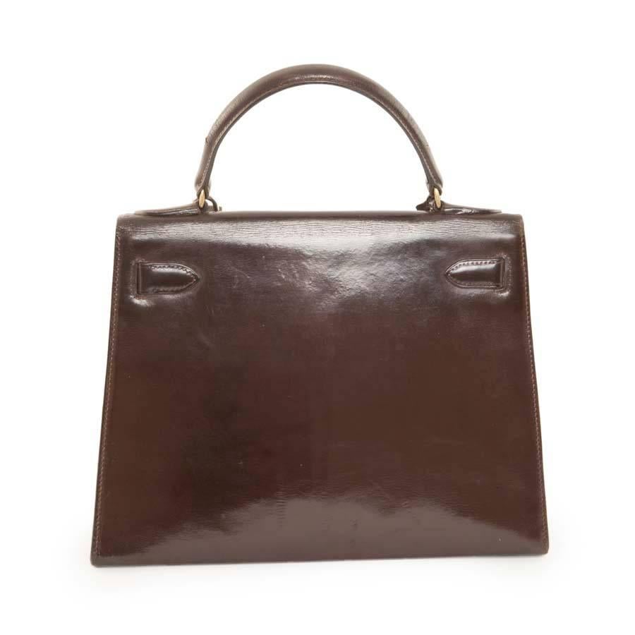 Black Vintage HERMES Kelly 28 Handbag in Brown Glazed Box Leather