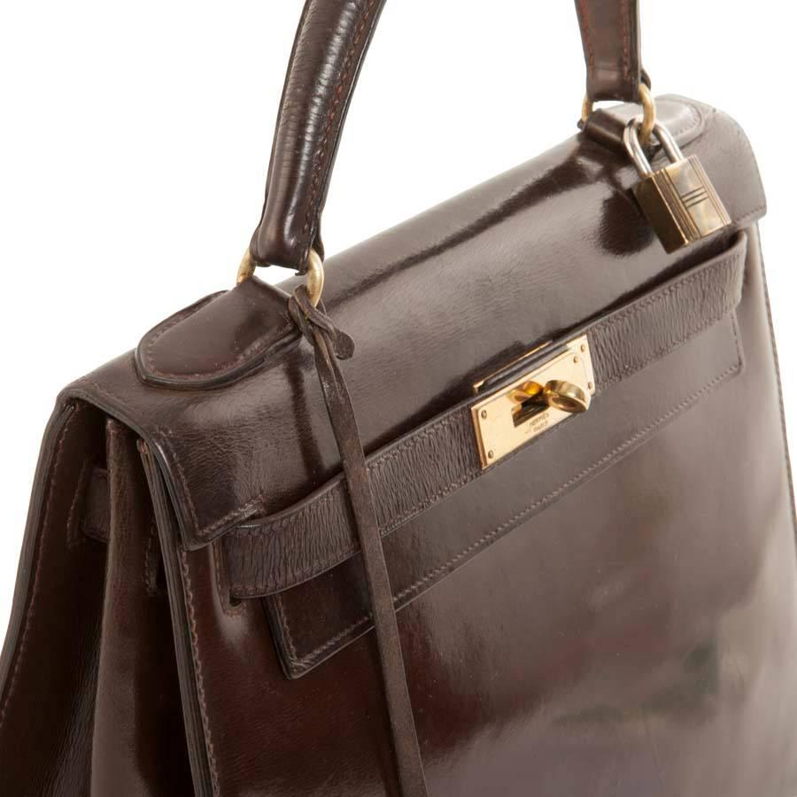 Vintage HERMES Kelly 28 Handbag in Brown Glazed Box Leather 1
