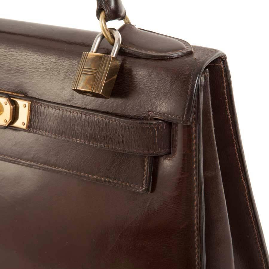 Vintage HERMES Kelly 28 Handbag in Brown Glazed Box Leather 2