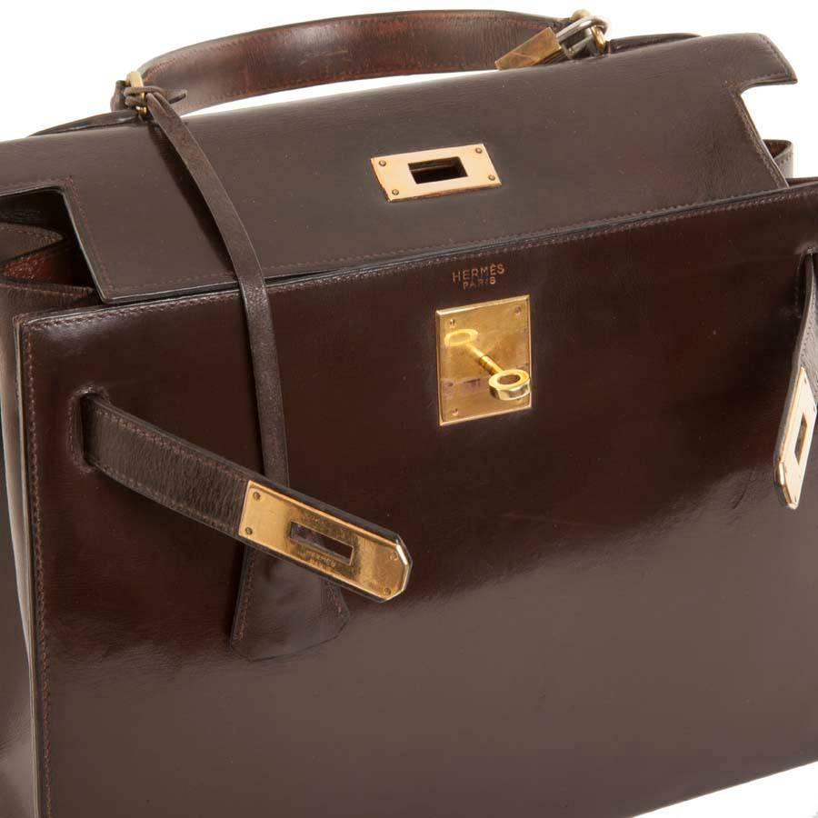 Vintage HERMES Kelly 28 Handbag in Brown Glazed Box Leather 3