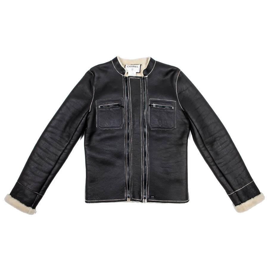 CHANEL Jacket in Black Lambskin Leather Size 42EU