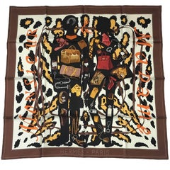 HERMES 'Madame, Monsieur' Scarf in Ivory and Brown Silk