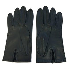HERMES Perforated Gloves in Dark Blue Leather Size 7EU