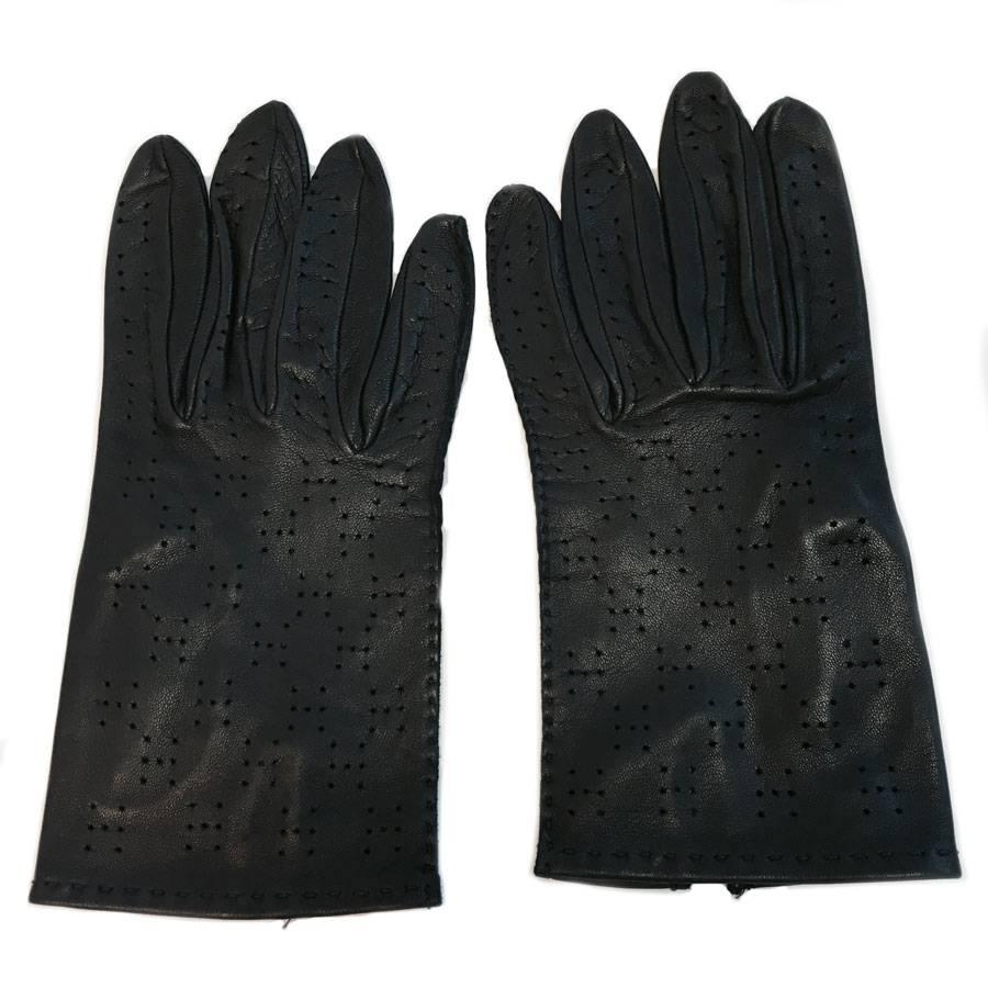 HERMES Perforated Gloves in Dark Blue Leather Size 7EU