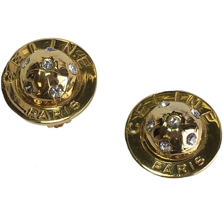 Vintage CELINE Half Sphere Clip-on earrings in Gilded Metal and Rhinestones  at 1stDibs | vintage celine earrings