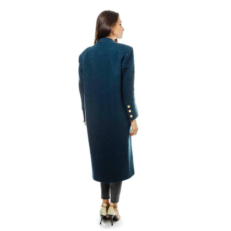 Black CHANEL Straight Cut Coat in Blue Wool Size 36EU