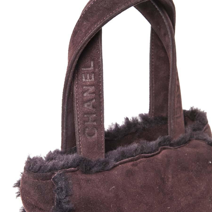 Black CHANEL Mini Tote Bag in Plum Brown Shearling  For Sale