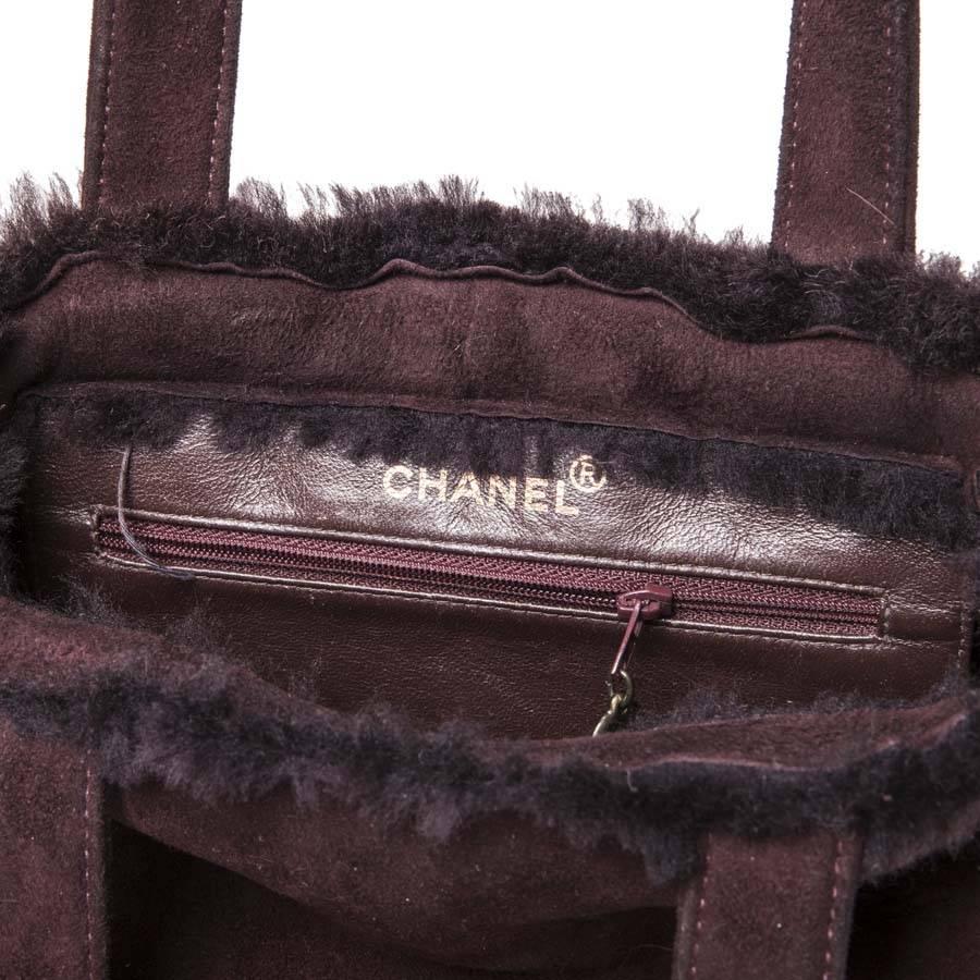 Women's CHANEL Mini Tote Bag in Plum Brown Shearling  For Sale