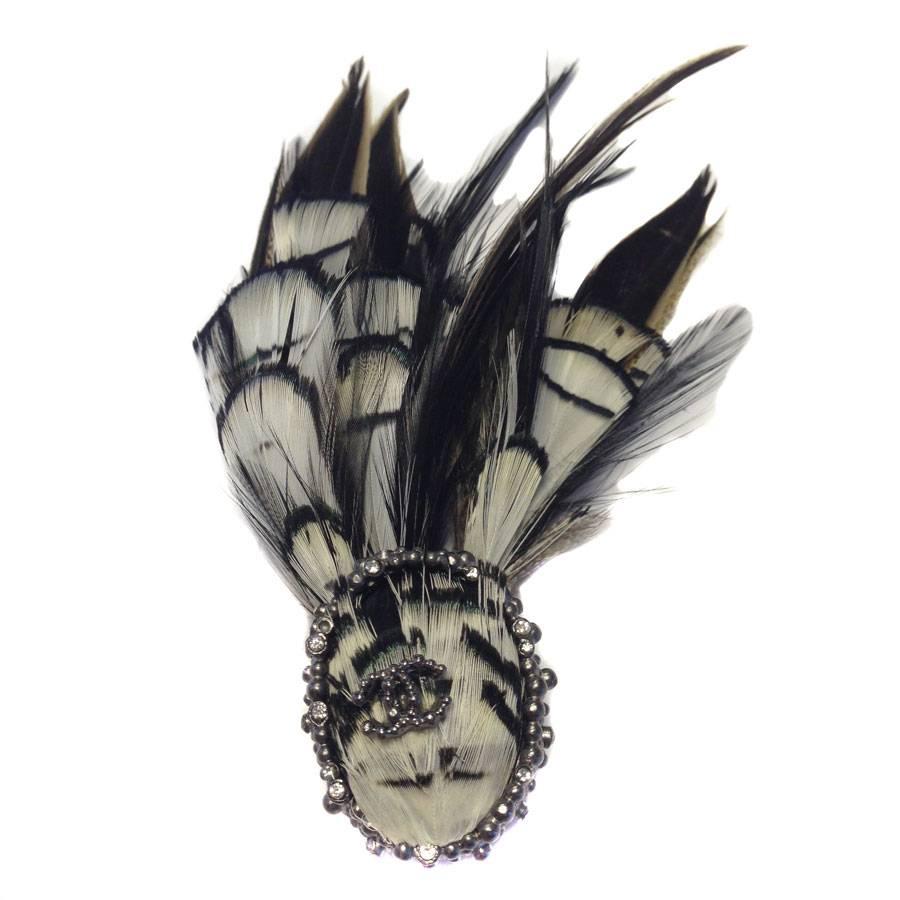 CHANEL Feather Brooch in Silver Plated Metal, CC and Rhinestones