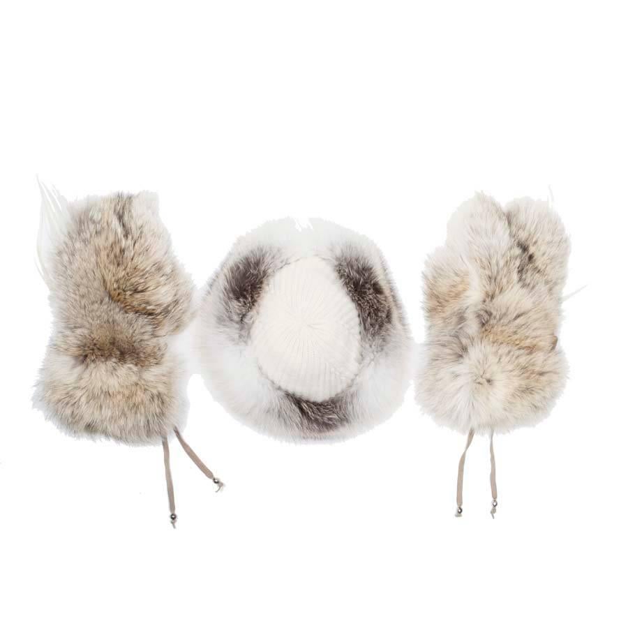 ELCOM Bonnet et gants en cachemire gris et blanc et fourrure de renard