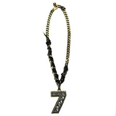 LANVIN Chain Necklace in Gilded Metal with '7' Pendant Brooch in Rhinestones