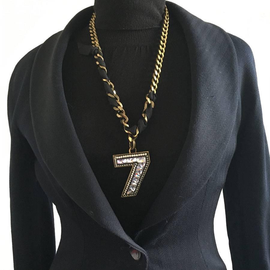 LANVIN Chain Necklace in Gilded Metal with '7' Pendant Brooch in Rhinestones 2
