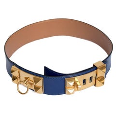 HERMES Medor Belt in Blue Ink Box Leather Size 70EU