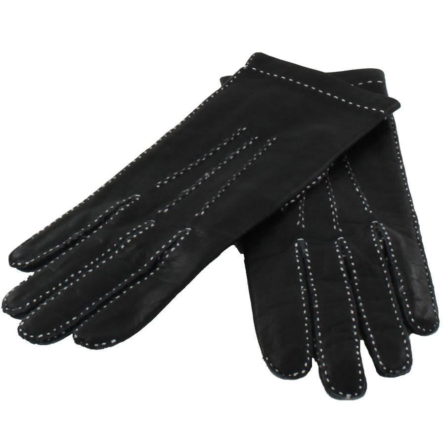 HERMES Gloves in Blak Smooth Leather whit White Saddle Stitching Size 6.5 EU For Sale