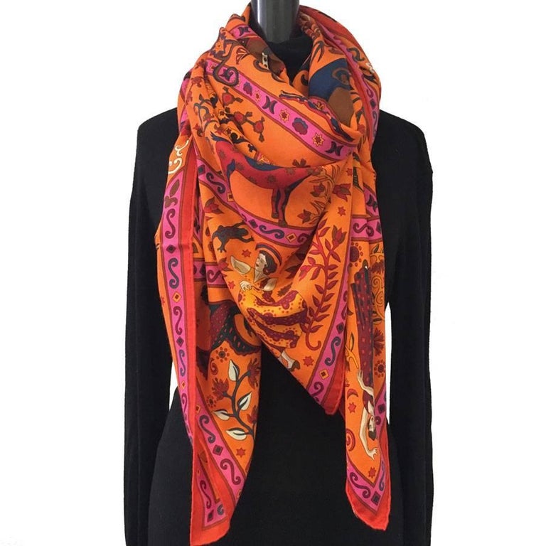 HERMES Shawl 'Peuple du Vent' in Pink, Orange and Cobalt Cashmere and ...