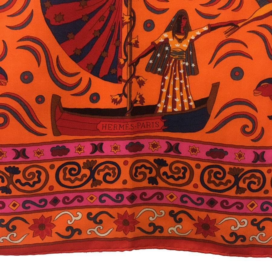 HERMES Shawl 'Peuple du Vent' in Pink, Orange and Cobalt Cashmere and Silk In Excellent Condition In Paris, FR