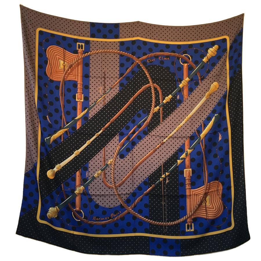 HERMES Shawl 'Cilc Clac à Pois' in Black, Brown and Indigo Cashmere and Silk